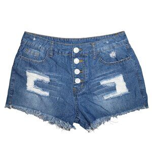 Women's Distressed Denim Shorts Size S raw hem button fly paw print pockets